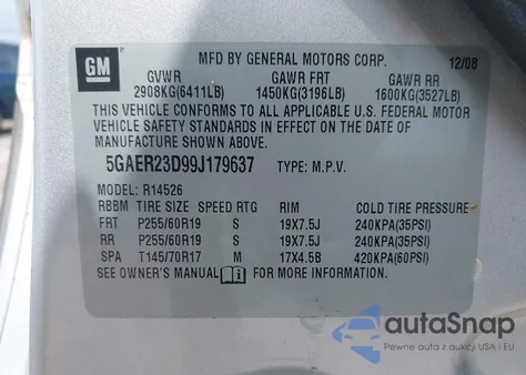 2009 Buick Enclave Cxl z USA, uszkodzony, nr VIN 5GAER23D99J179637